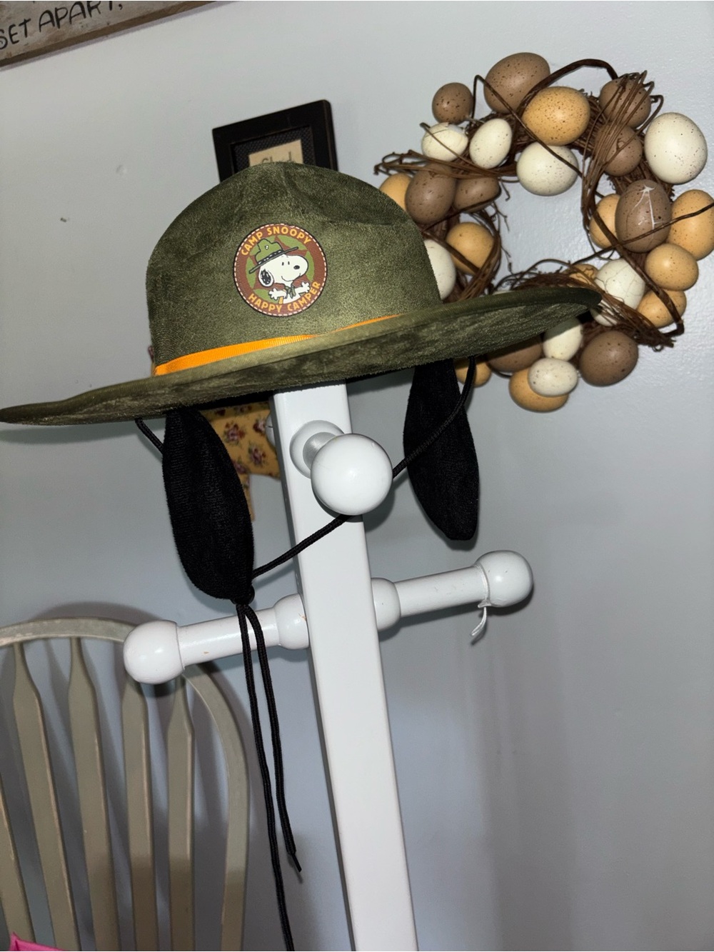 Peanuts Kids Olive Green Snoopy Camp Hat with Black Ear Flaps and Orange Trim